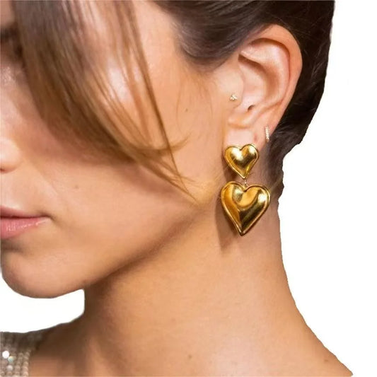 Pendientes de corazón a corazón de acero inoxidable de doble corazón