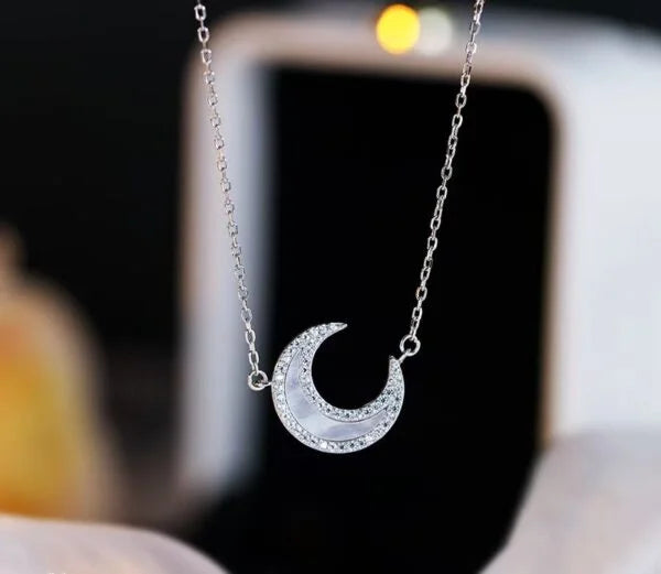 Collar de luna de nácar blanco natural de plata de ley 925