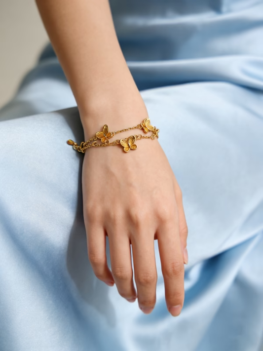 Pulsera de doble cadena de plata de ley 925 con mariposas de lujo
