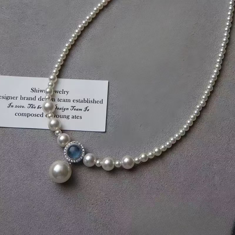Collar de plata de ley 925 con perlas de imitación y aguamarina natural