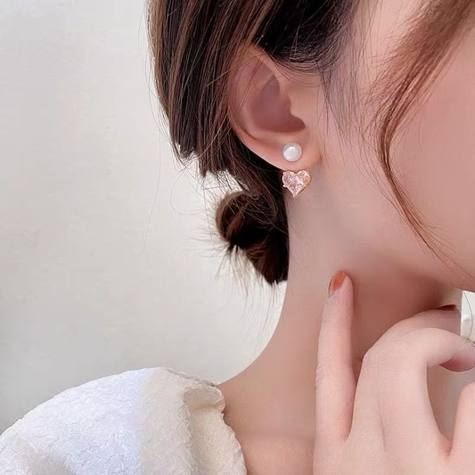 Pendientes de Perla y Circonita Cúbica de Corazón Rosa