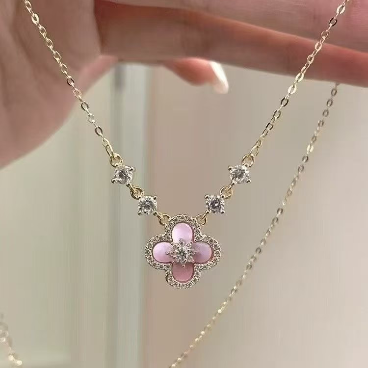 Collar de Trébol de Cuatro Hojas con Nácar Rosa de Plata Fina 925