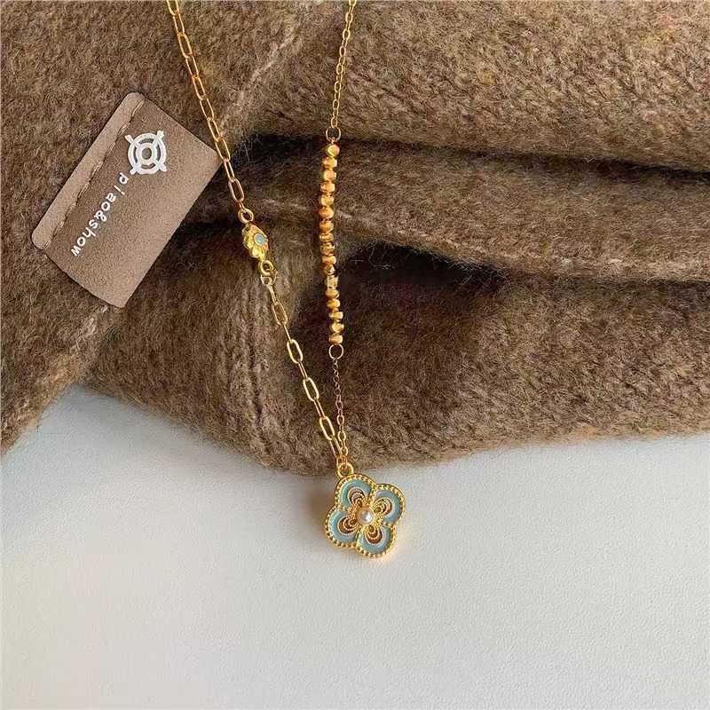 Collar de plata de ley 925 vintage con trébol de cuatro hojas
