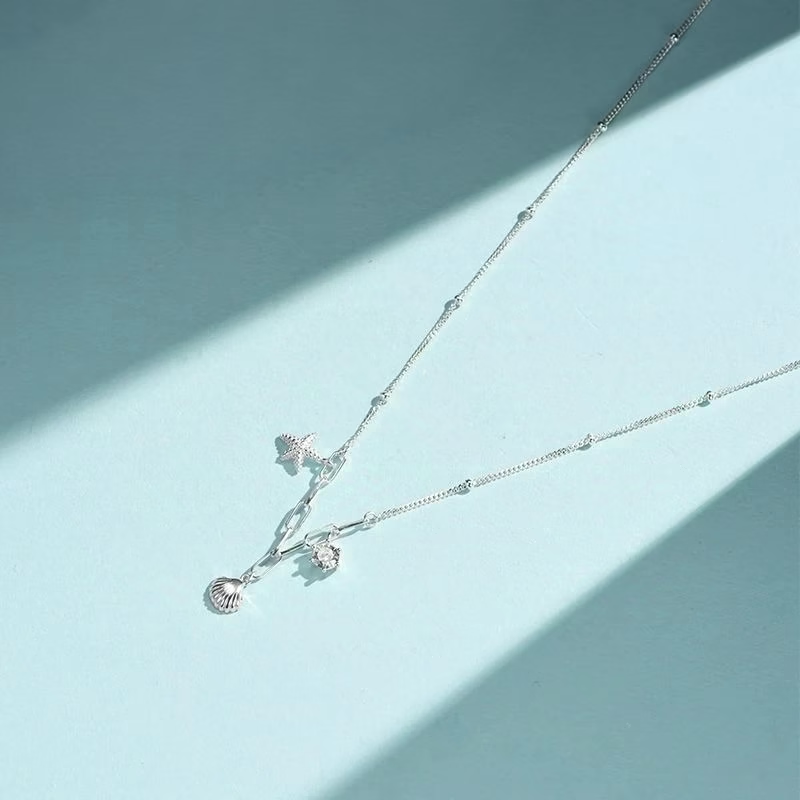 925 Sterling Silver Shell Starfish Zircon Necklace