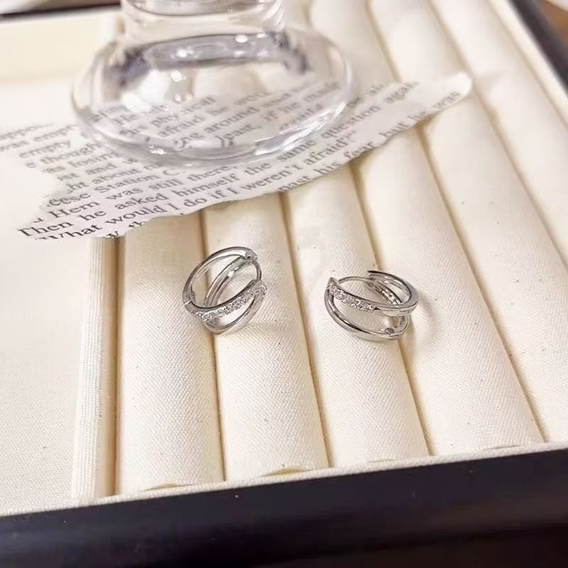 999 Silver Double-Layer Plain Hoop Stud Earrings