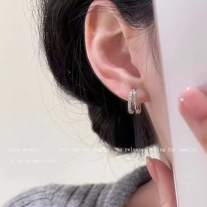 999 Silver Double-Layer Plain Hoop Stud Earrings