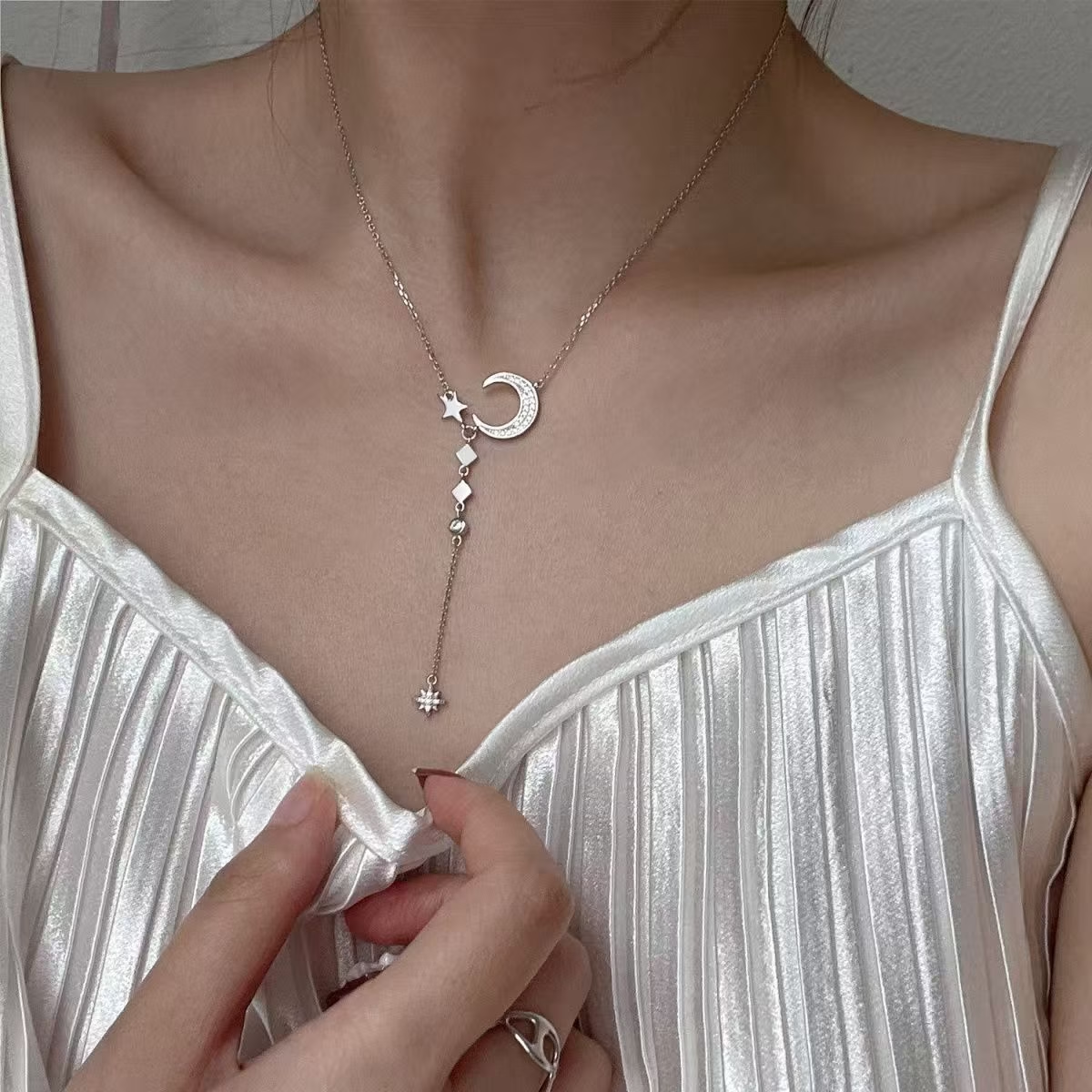 925 Sterling Silver Moon & Star Drop Necklace