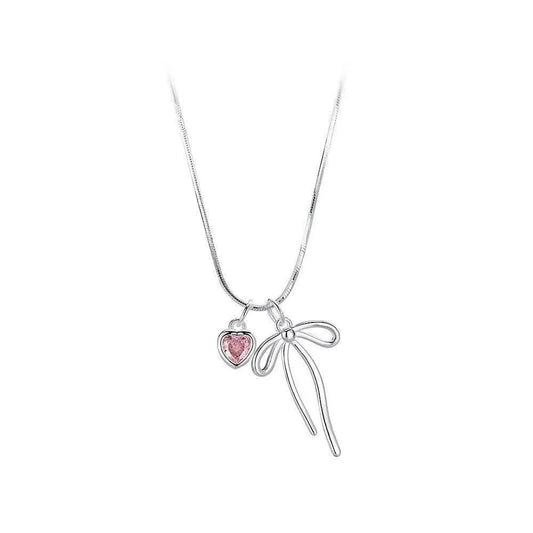 Collar con colgante de lazo de plata de ley 925 con corazón de diamantes rosas