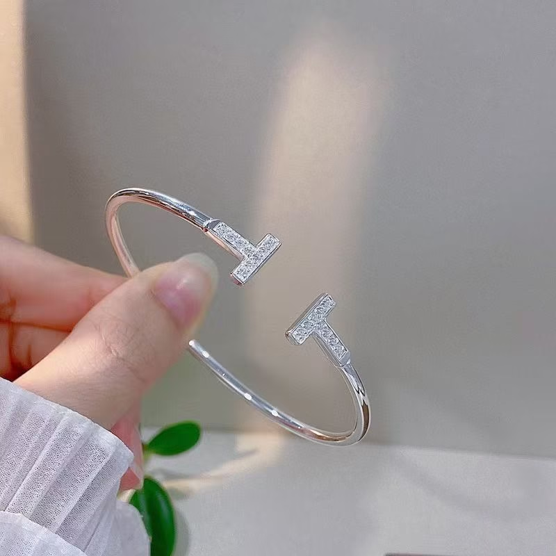 Open Cuff Bracelet with Double T & Zircon Accents
