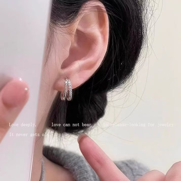 999 Silver Double-Layer Plain Hoop Stud Earrings