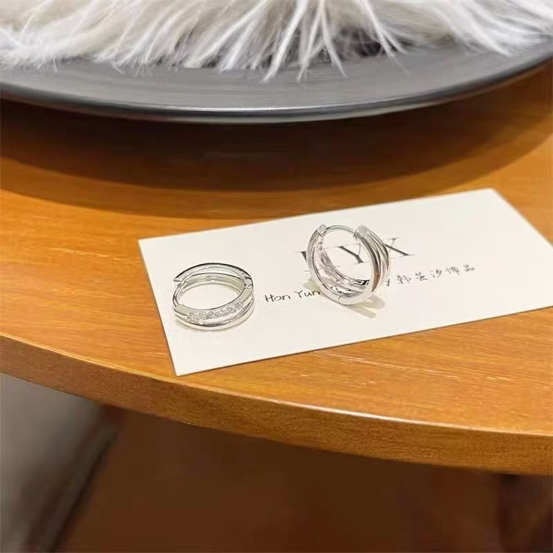 999 Silver Double-Layer Plain Hoop Stud Earrings