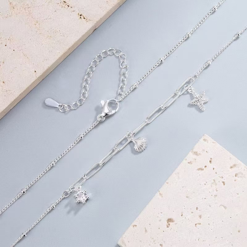 925 Sterling Silver Shell Starfish Zircon Necklace