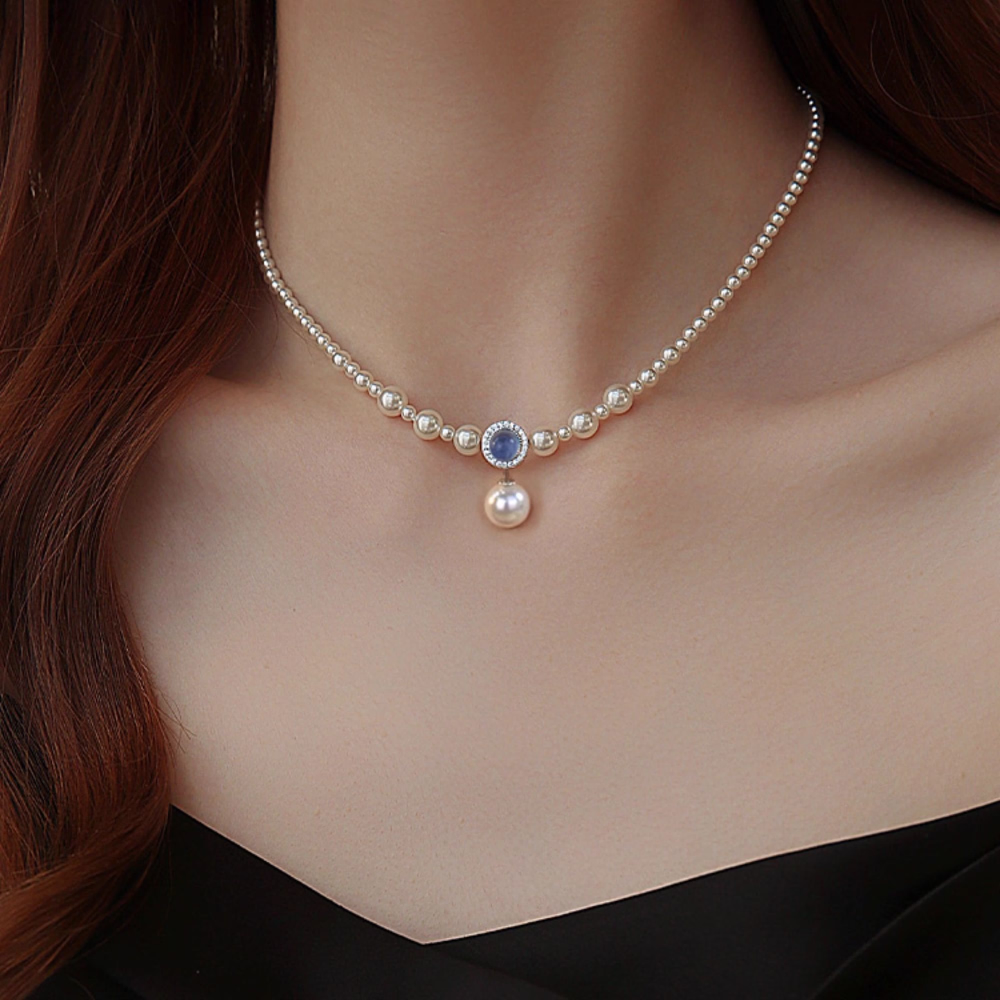 Collar de plata de ley 925 con perlas de imitación y aguamarina natural