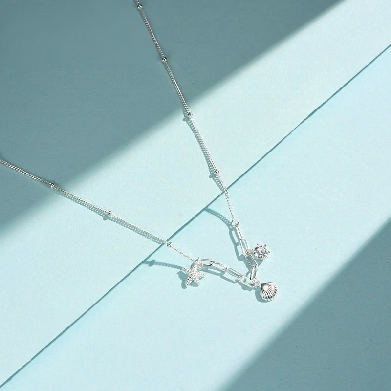 925 Sterling Silver Shell Starfish Zircon Necklace
