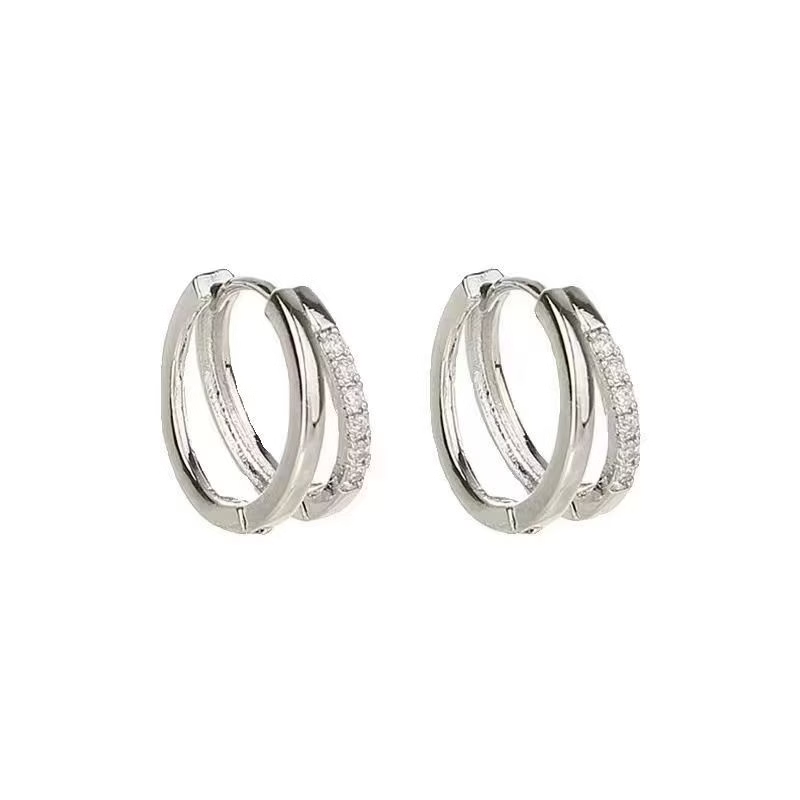 999 Silver Double-Layer Plain Hoop Stud Earrings