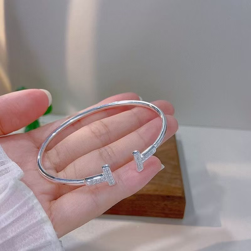 Open Cuff Bracelet with Double T & Zircon Accents