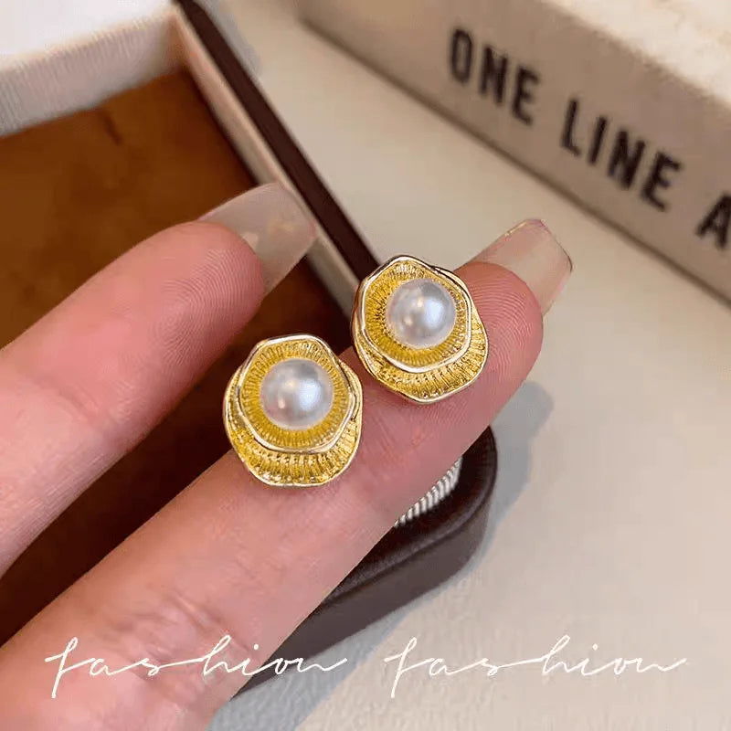 Double-Layer Petal Pearl Stud Earrings