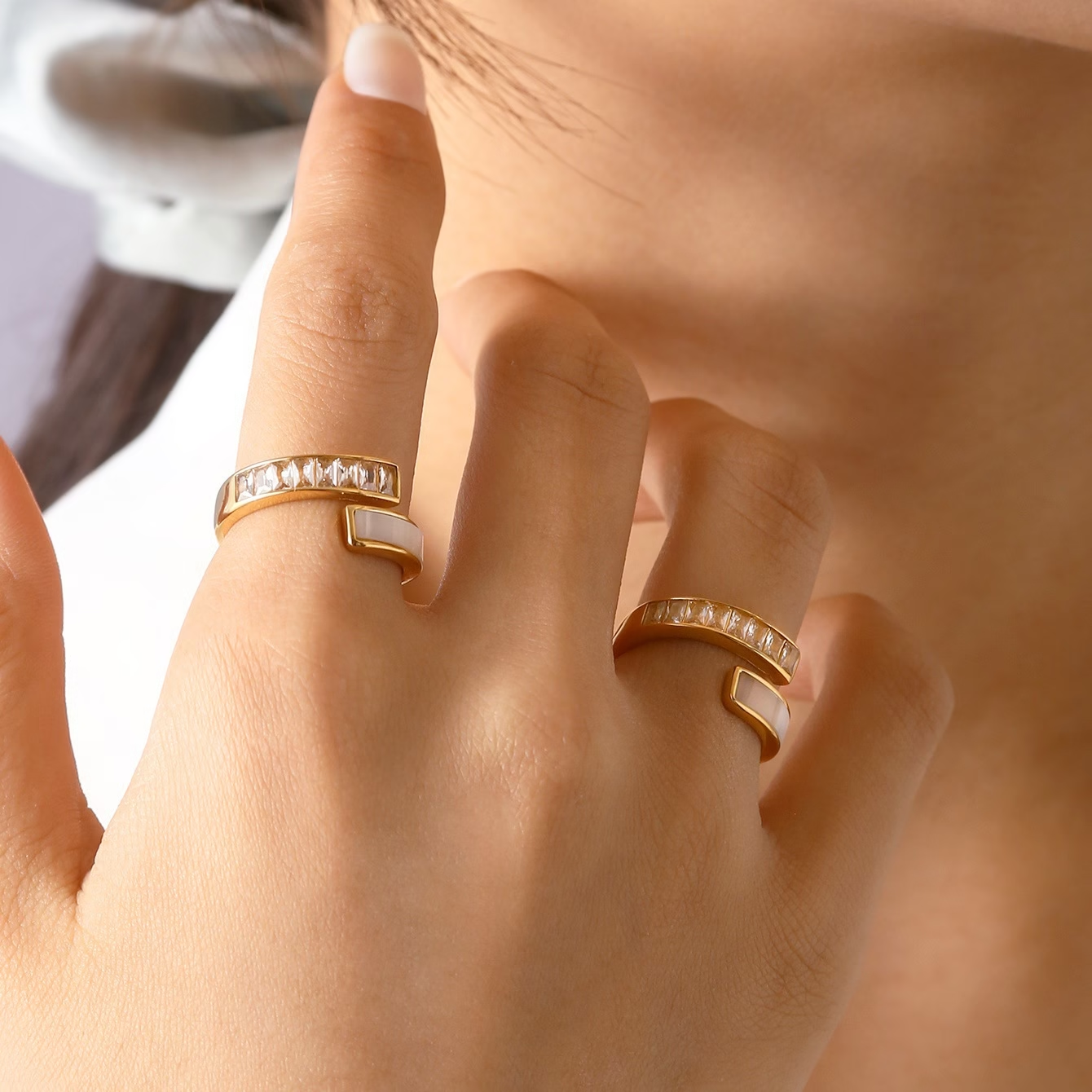 Open Ring with White Shell and Full Cubic Zirconia