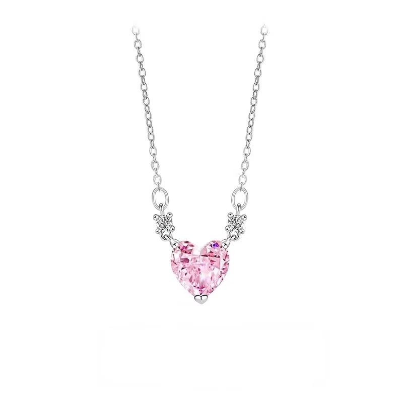 Collar de Corazón de Circón Rosa de Acero de Titanio