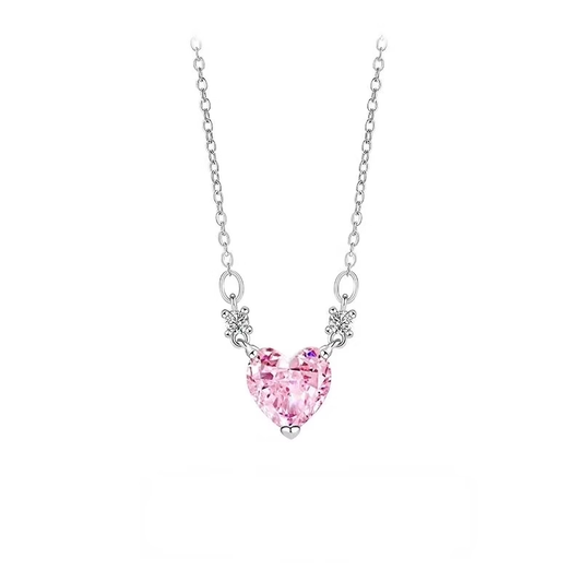 Collar de Corazón de Circón Rosa de Acero de Titanio