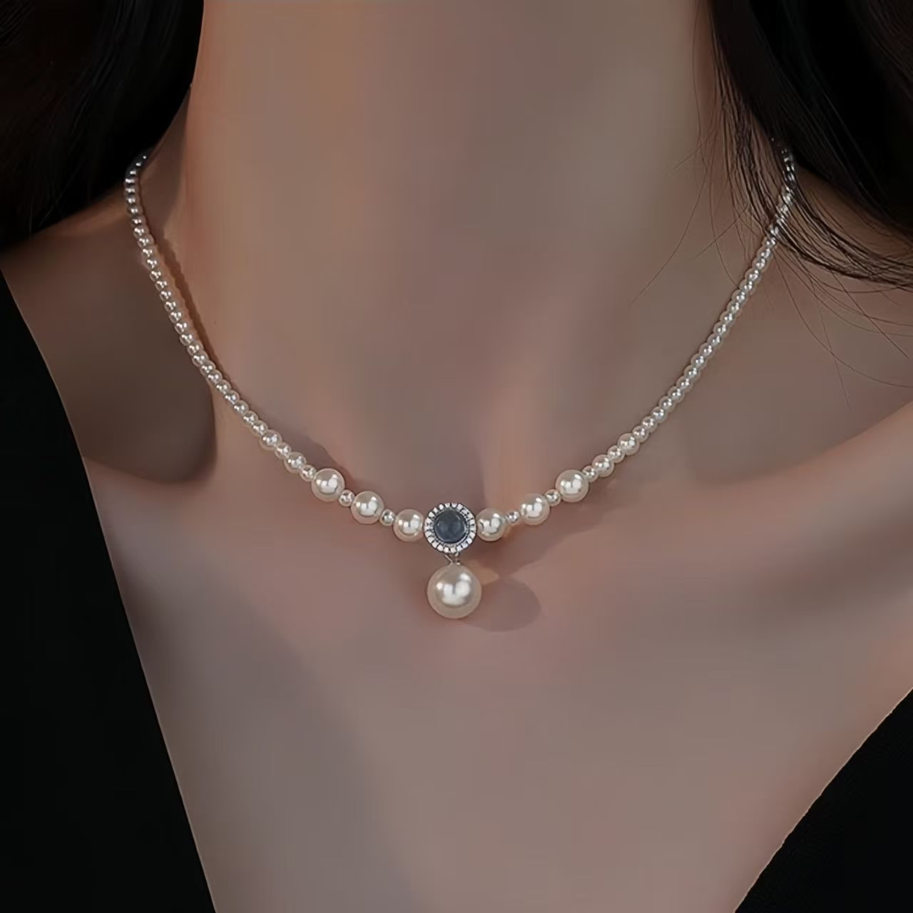 Collar de plata de ley 925 con perlas de imitación y aguamarina natural