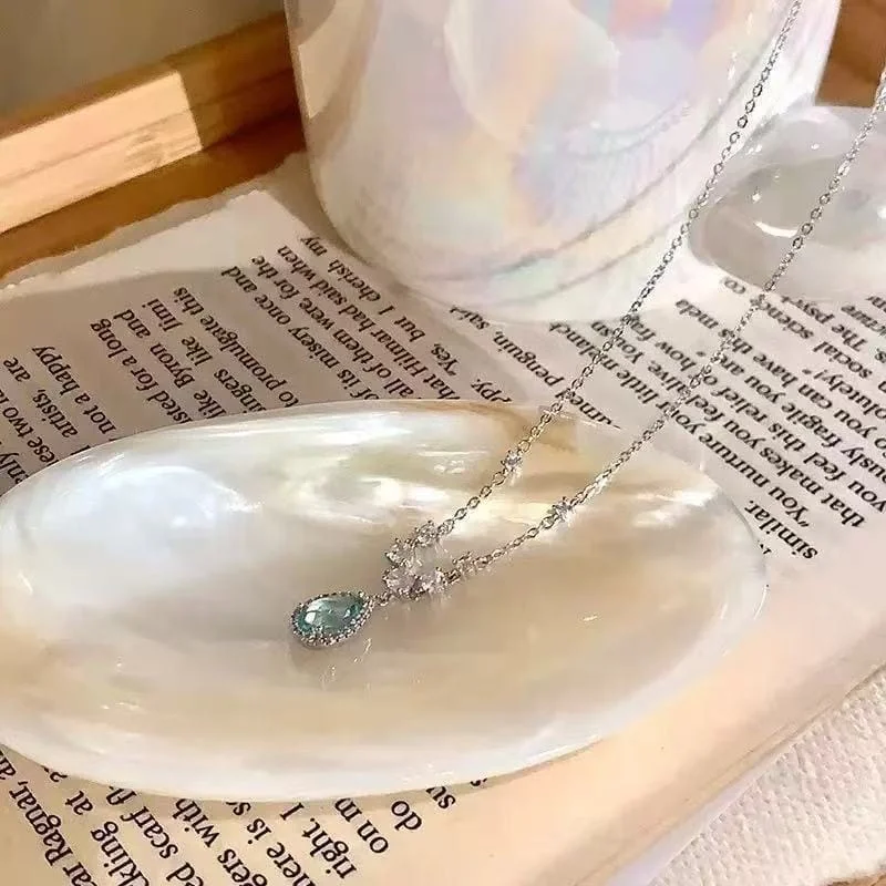 Collar de halo con lágrima aguamarina de plata de ley 925