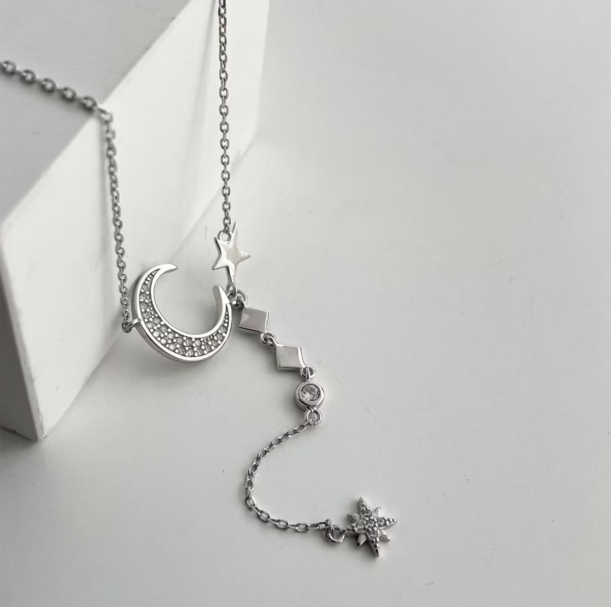 925 Sterling Silver Moon & Star Drop Necklace