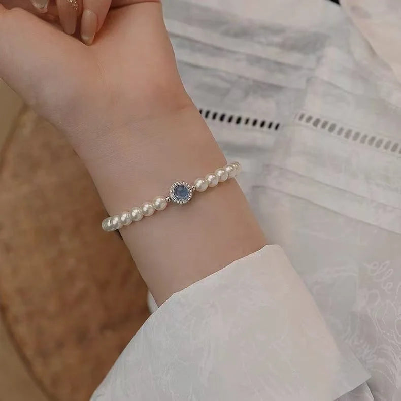 Pulsera de aguamarina y perlas de imitación