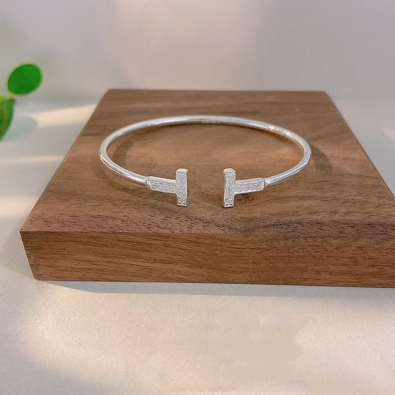 Open Cuff Bracelet with Double T & Zircon Accents