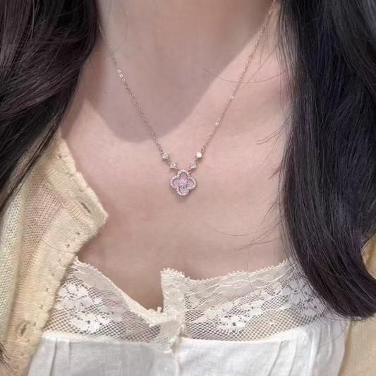 Collar de Trébol de Cuatro Hojas con Nácar Rosa de Plata Fina 925