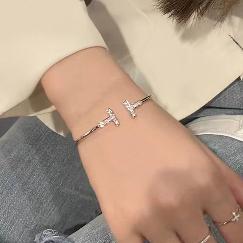 Open Cuff Bracelet with Double T & Zircon Accents