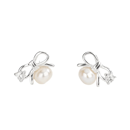 Aretes de lazo de perlas de circonita microengastada de plata de ley 925