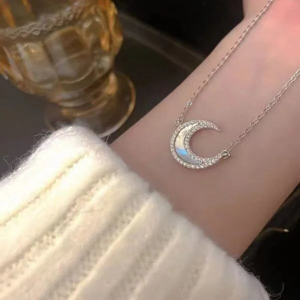 Collar de luna de nácar blanco natural de plata de ley 925
