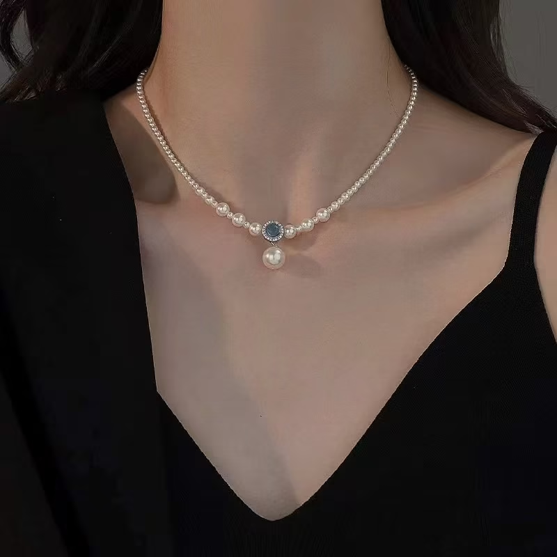 Collar de plata de ley 925 con perlas de imitación y aguamarina natural