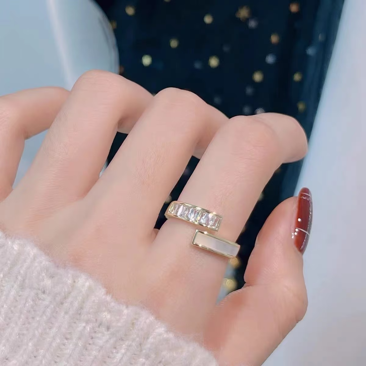 Open Ring with White Shell and Full Cubic Zirconia