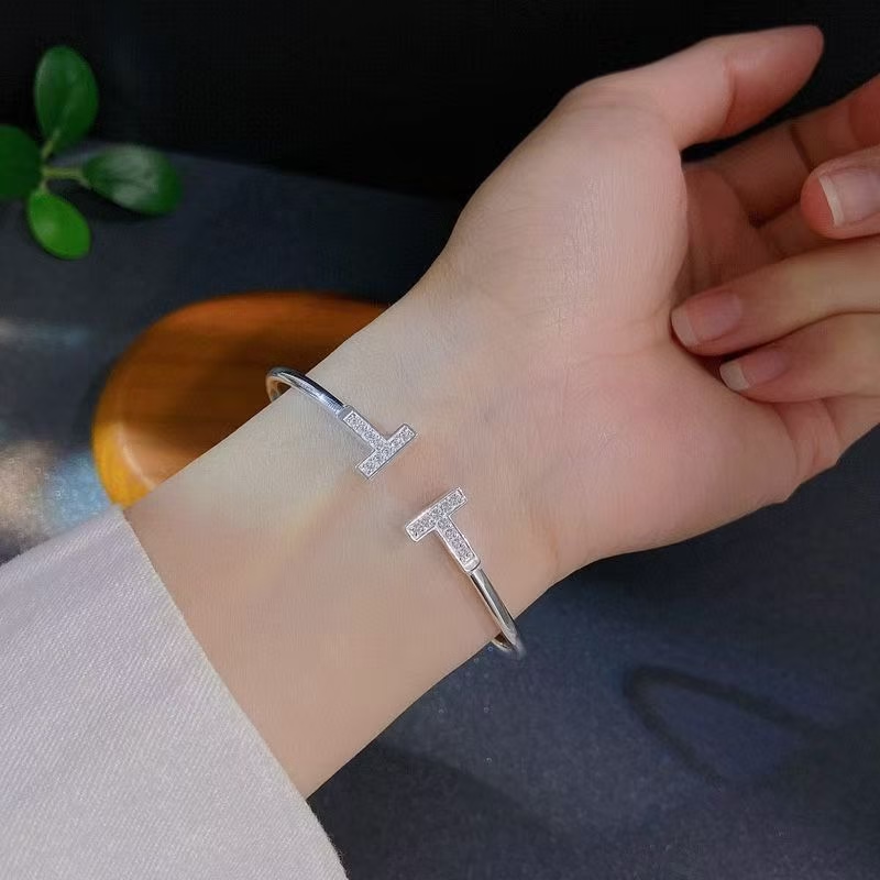 Open Cuff Bracelet with Double T & Zircon Accents