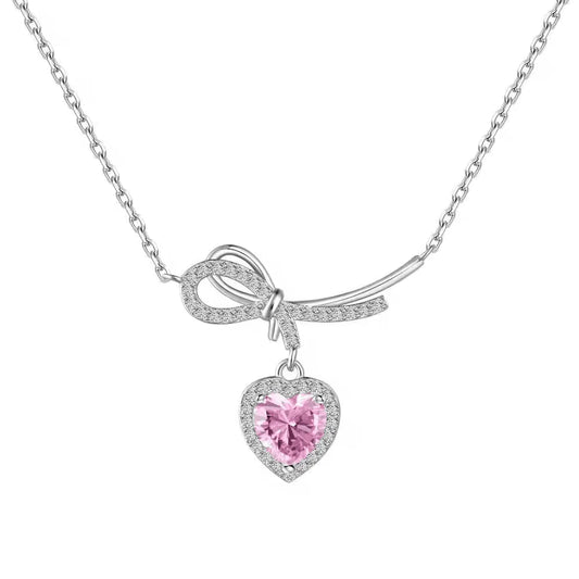Collar de Plata Esterlina 925 con Circones Corazón Rosa y Lazo