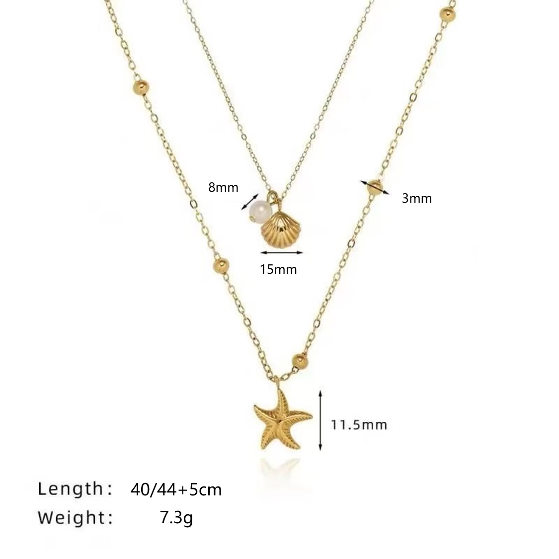 Collier empilable en or avec coquillage étoile de mer à double couche