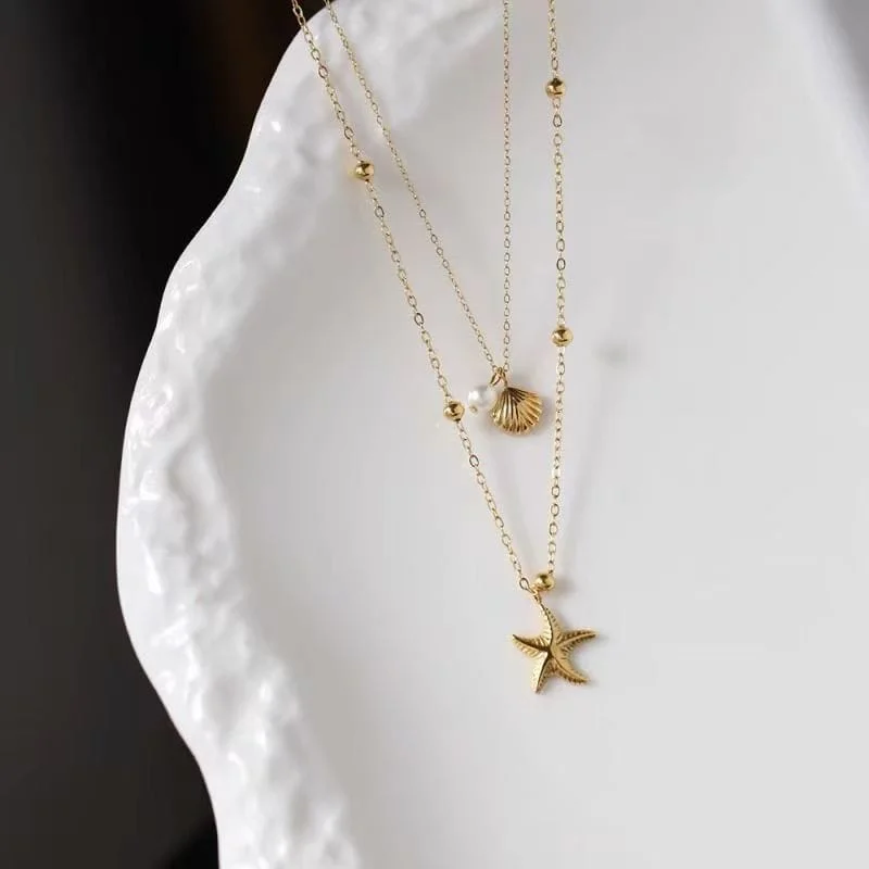 Collier empilable en or avec coquillage étoile de mer à double couche