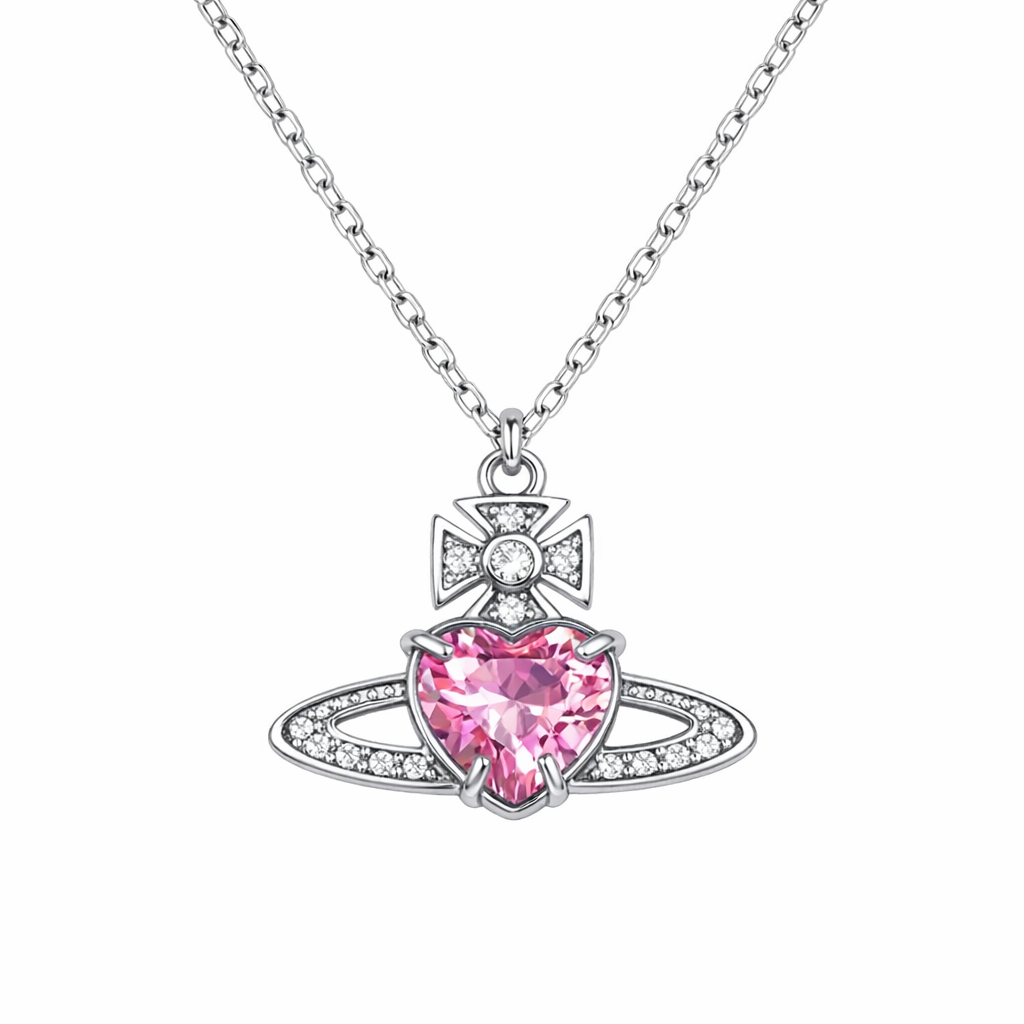 Collar de circonita con forma de corazón rosa Saturno