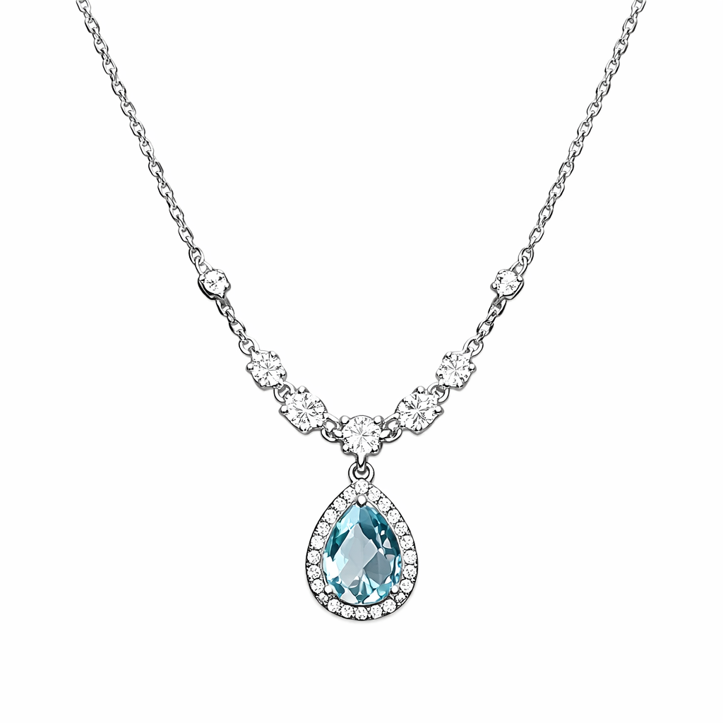 Collar de halo con lágrima aguamarina de plata de ley 925