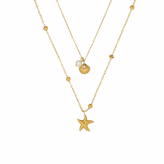 Collar apilable dorado de doble capa con conchas de estrellas de mar