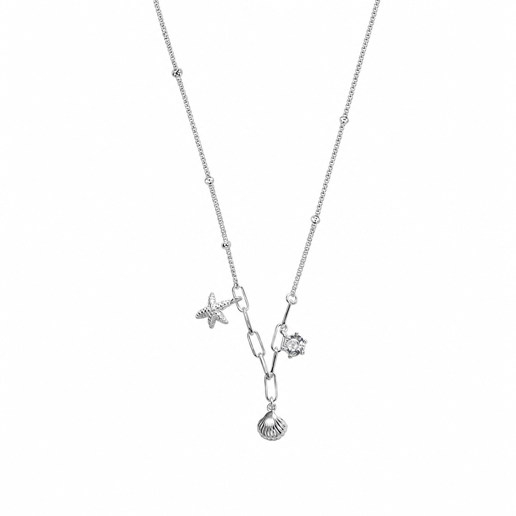 925 Sterling Silver Shell Starfish Zircon Necklace