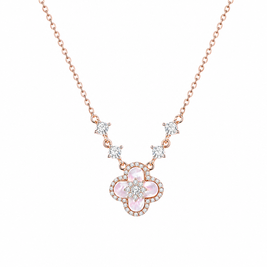 Collar de Trébol de Cuatro Hojas con Nácar Rosa de Plata Fina 925