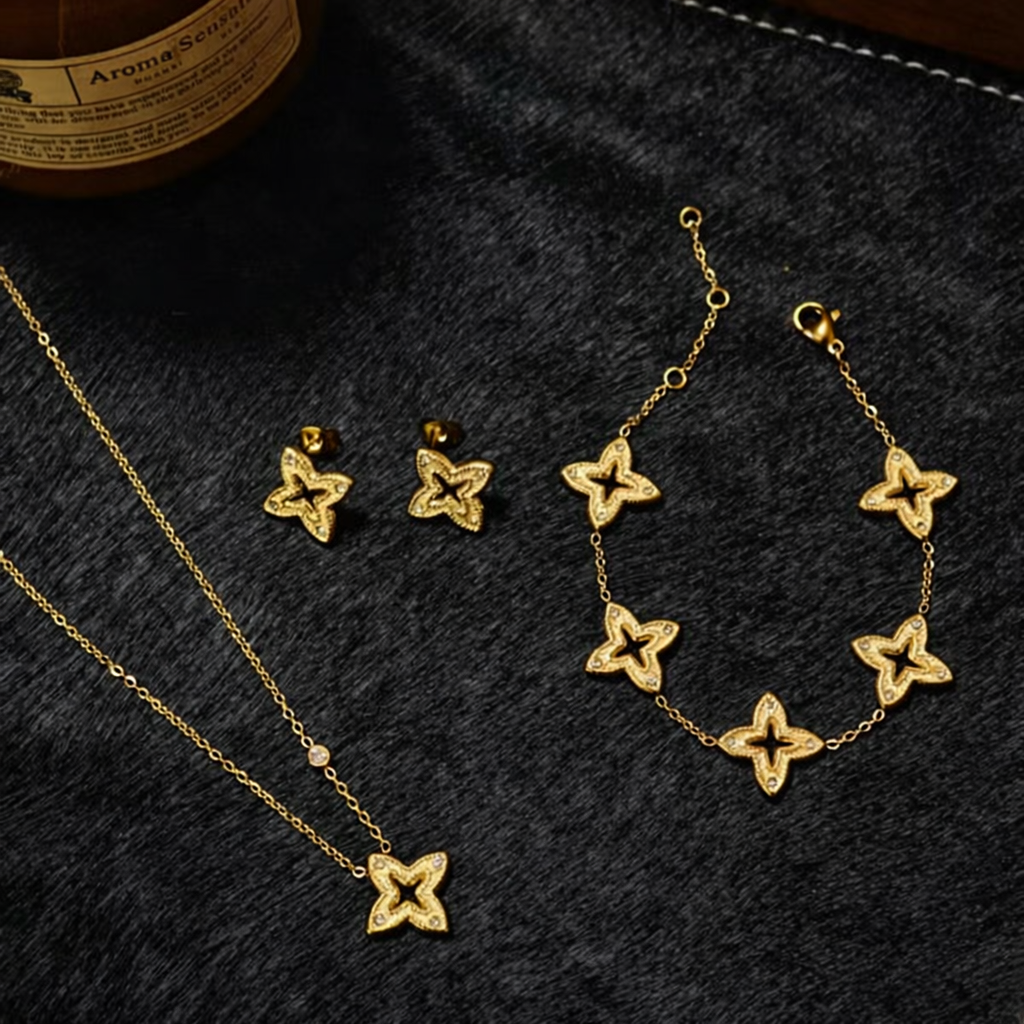 925 Sterling Silver Luxury Four‑Leaf Floral Set