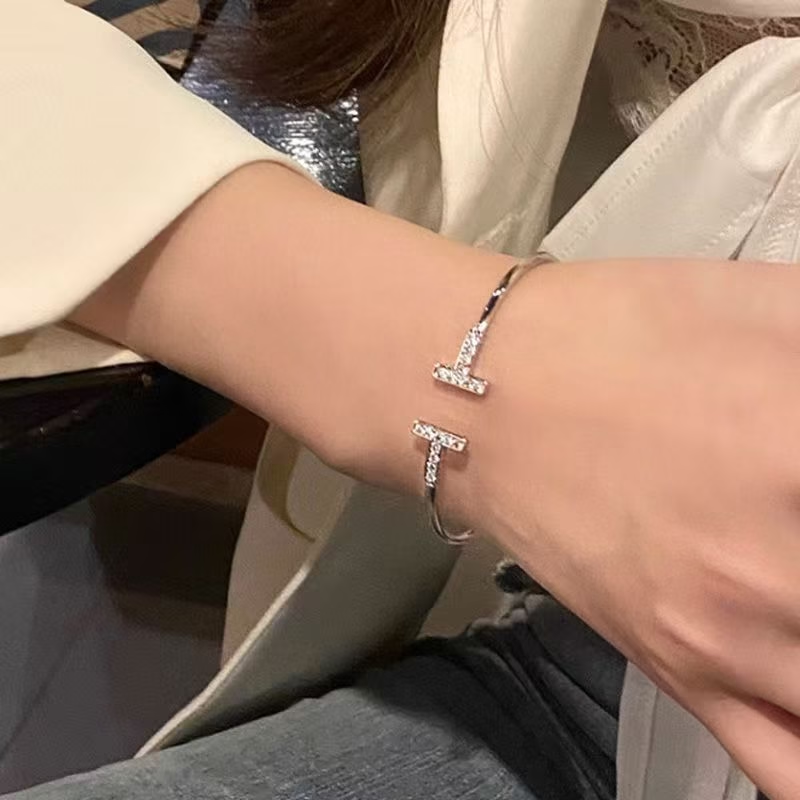 Open Cuff Bracelet with Double T & Zircon Accents