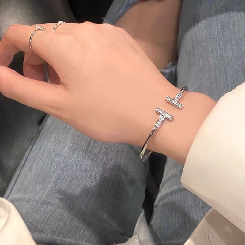 Open Cuff Bracelet with Double T & Zircon Accents