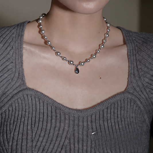 Collar de plata de ley 925 con perlas de imitación grises