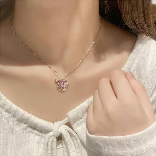Collar de Corazón con Diamante Rosa de Acero de Titanio