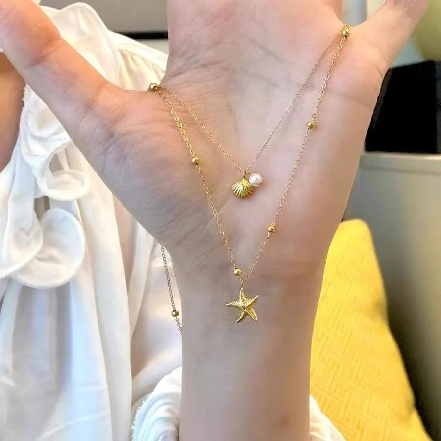 Collier empilable en or avec coquillage étoile de mer à double couche